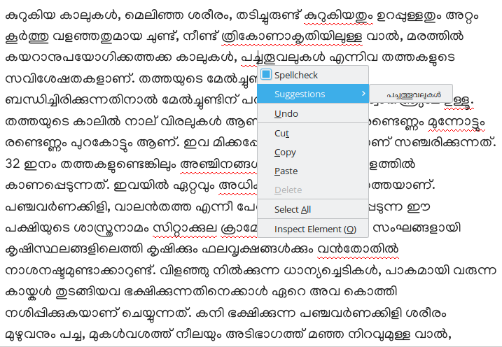 A screenshot of Malayalam spellchecker in action.